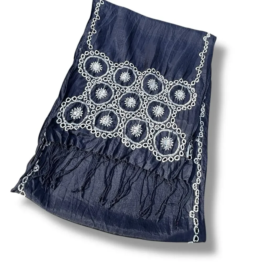 Banana Republic Navy Silk Scarf with Embroidered Design